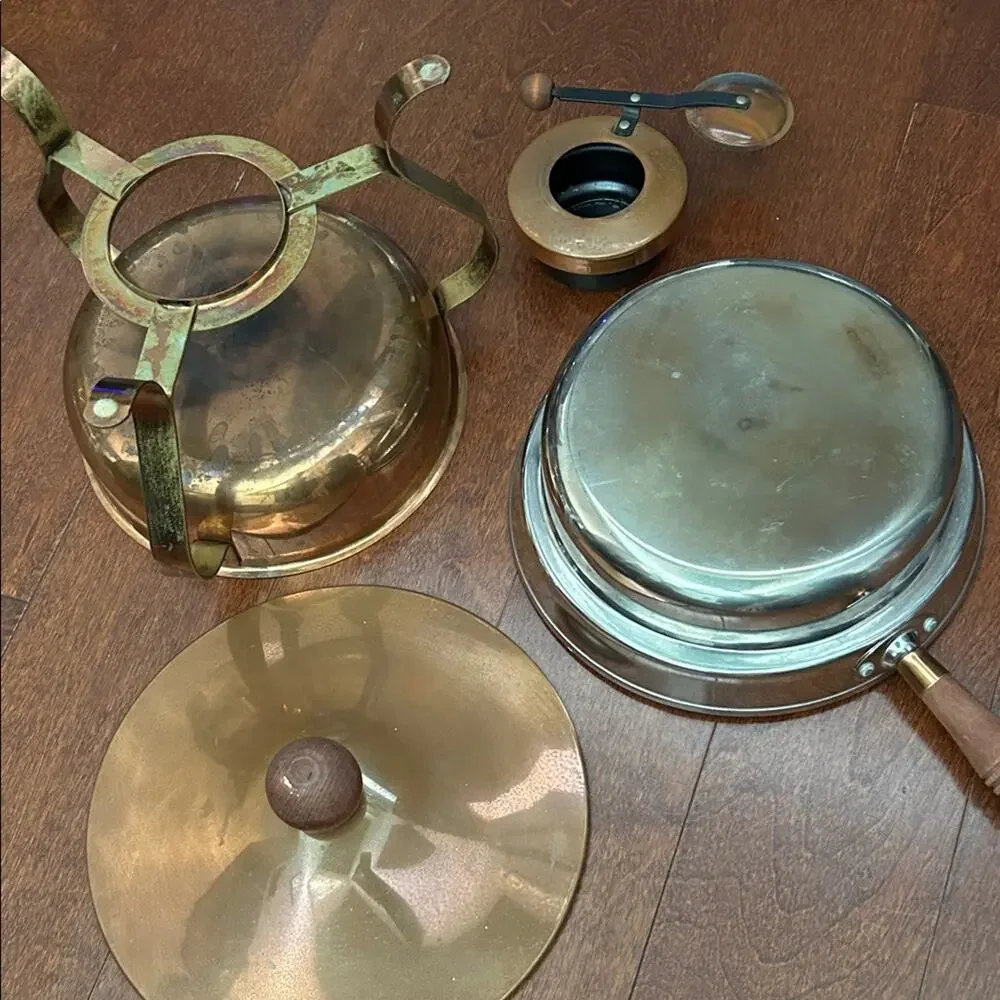 Vintage Brass Chafing Set, Copper with a Wooden Handle, Mid Century Modern